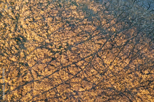 Australia, NSW, Kandos, Aerial view of tire tracks in field photo