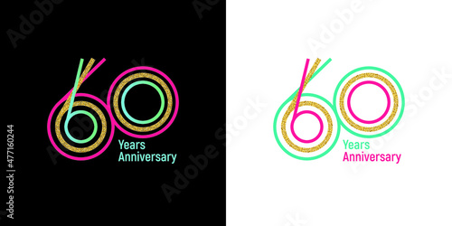 Elegant 60th anniversary logo template made from vibrant ribbons. Option on a dark and light background. Text in a vector file is easy to edit