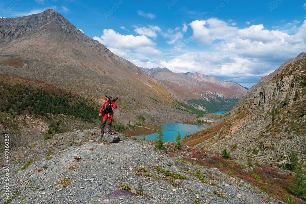 Happy travel photographer take a picture of beautiful view in high mountains. Travel freelancer blogger lifestyle, concept adventure voyage outdoor. Happy travel photographer take a picture of beautiful view in high mountains. Travel freelancer blogger lifestyle, concept adventure voyage outdoor.
