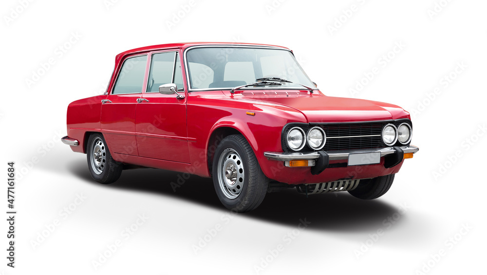 Red classic Italian sedan family car isolated on white background	
