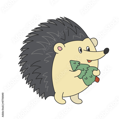 Cute cartoon hedgehog standing and carrying a fir tree. A funny hedgehog looking aside and want to give a gift. Vector clip art illustration in 2D. Hand-drawn simple style.
