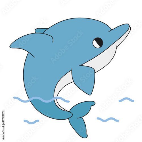Cute cartoon dolphin swimming in the water. A funny blue dolphin looking aside curiously. Vector clip art illustration in 2D. Hand-drawn simple style.