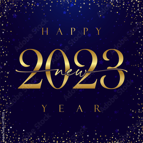 Merry Christmas and A Happy New Year 2023 square golden congrats. Decorative text. Shiny snowy bg. Abstract isolated graphic design template. 20 23 digits with gold gradient. Beautiful creative idea.