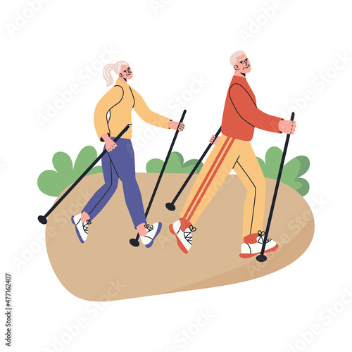 Happy senior couple doing nordic walking with stikcs in park. Elderly man and woman lead active lifestyle. Grandmother and grandfather flat vector modern illustration in trendy colors