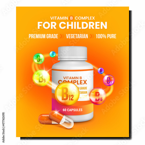 Children Vitamin health poster. Food supplement. Natural cemistry vitamin. realistic poster vector Illustration