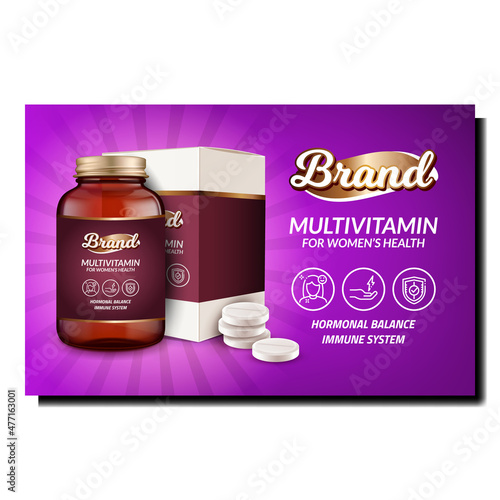 Woman Vitamin health poster. Healthy food medicine. Calcium multivitamin. realistic poster vector Illustration