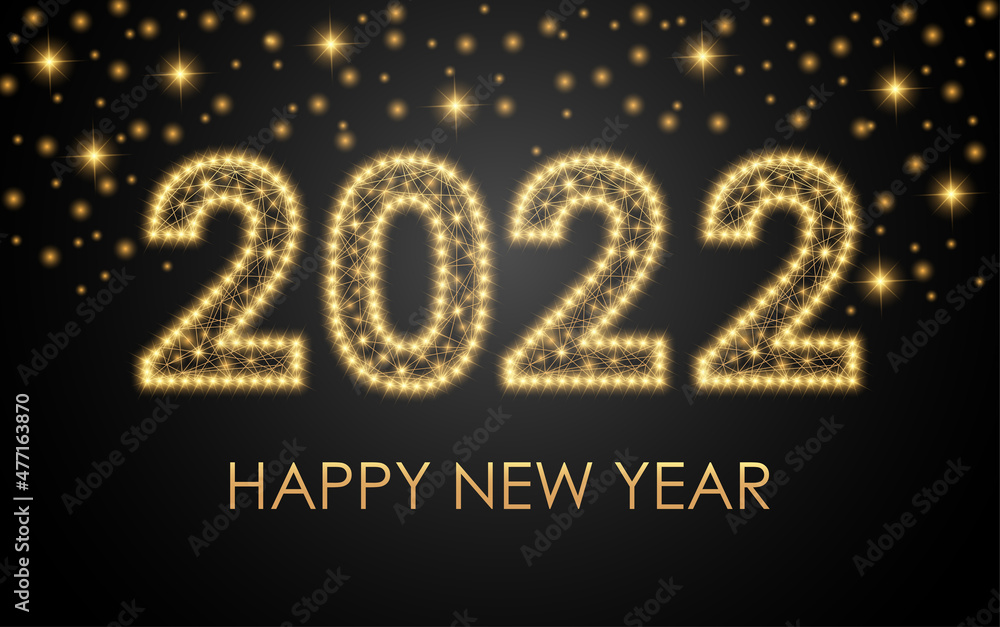 2022 Happy New Year sparkling text for greeting card, with gold stars on a black background. Vector illustration. 2022 Happy New Year sparkling text for greeting card, with gold stars on a black background. Vector illustration.