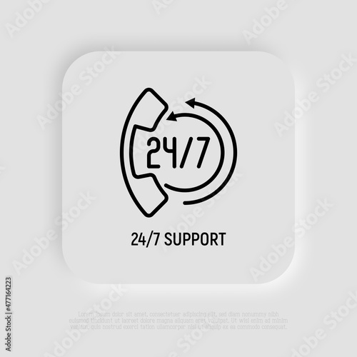 Support for 24 hour in day. Thin line icon: handset with arrows. Online assistance. Modern vector illustration.