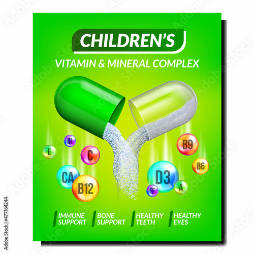 Children Vitamin health poster. B, C, D, E capsule. Herbal vitamin Molecule. realistic poster vector Illustration