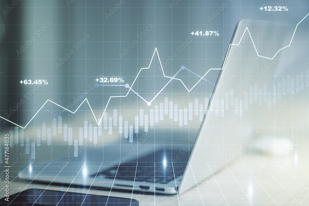 Double exposure of abstract creative financial diagram on modern laptop background, banking and accounting concept Double exposure of abstract creative financial diagram on modern laptop background, banking and accounting concept
