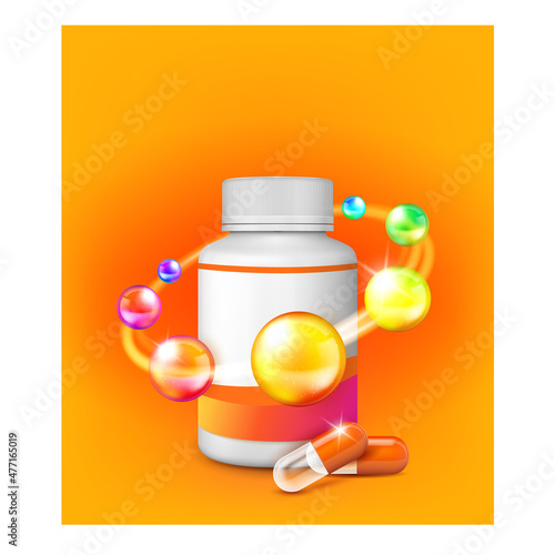 Children Vitamin health poster. Food supplement. Natural cemistry vitamin. realistic poster vector Illustration