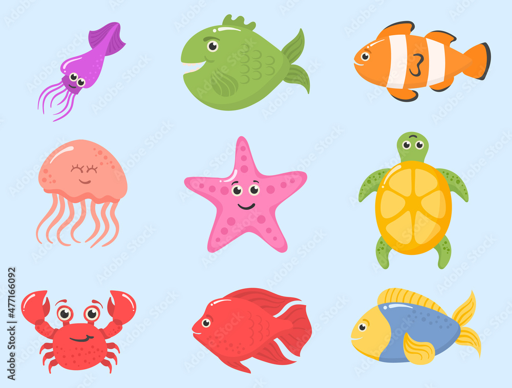 Set ocean animals, underwater creatures, sea fish.