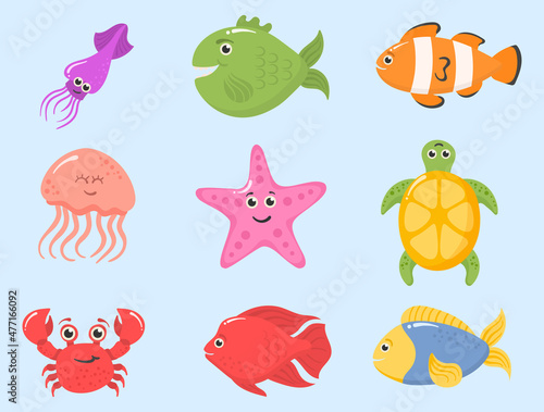 Set ocean animals  underwater creatures  sea fish.