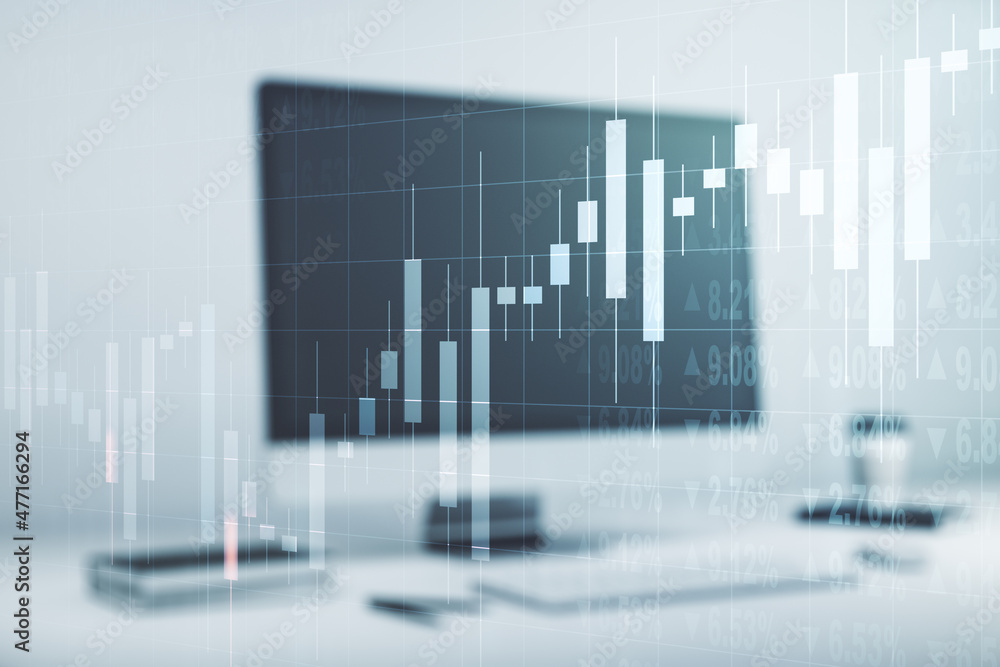 Multi exposure of abstract creative financial chart on computer background, research and analytics concept Multi exposure of abstract creative financial chart on computer background, research and analytics concept