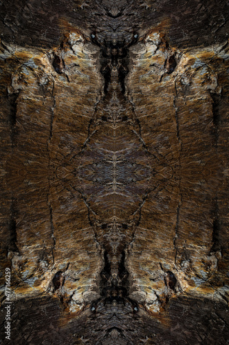 Alien Heads Sculpted in a Granite Rock, Symmetrical Kaleidoscope Mirror, Abstract Background.