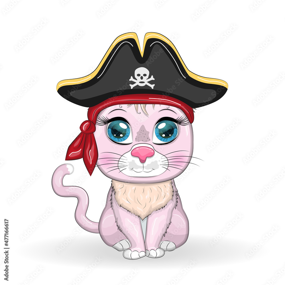 Cat pirate, cartoon character of the game, wild animal cat in a bandana and a cocked hat with a skull, with an eye patch. Character with bright eyes