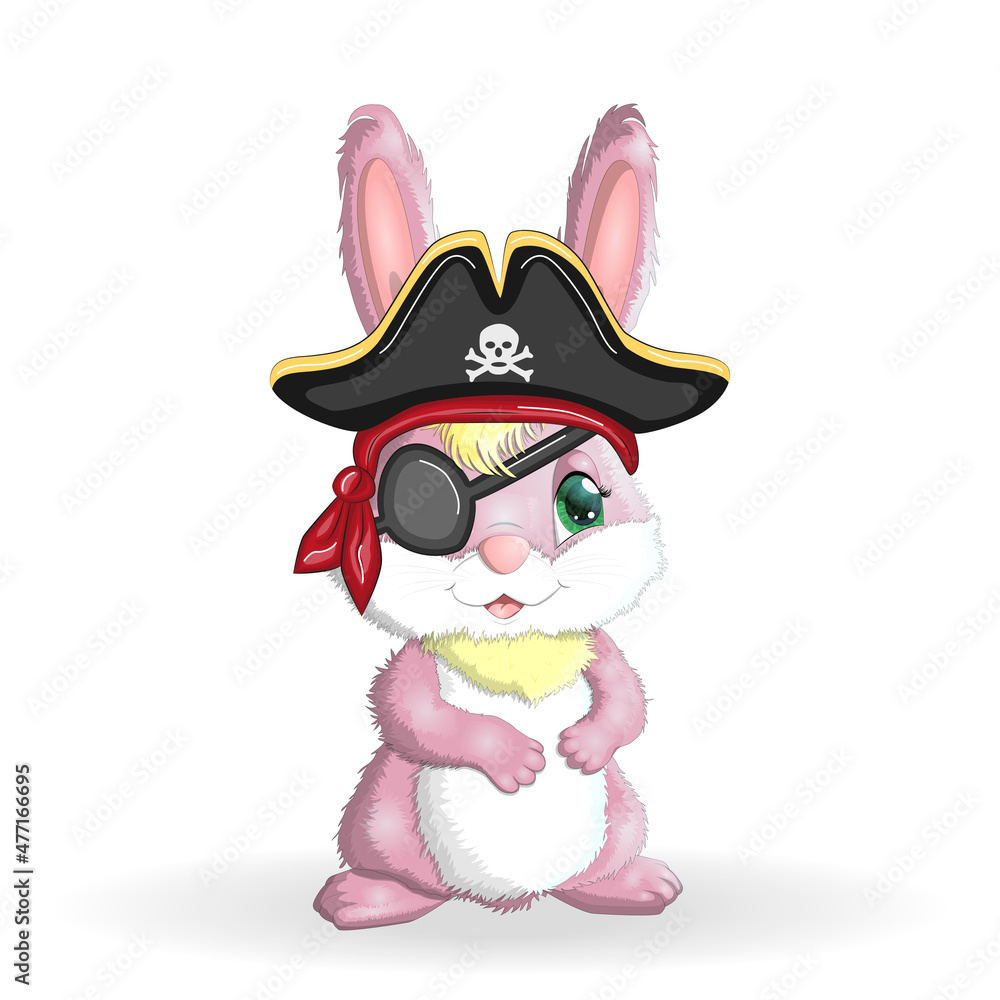 Bunny pirate, cartoon character of the game, wild animal rabbit in a bandana and a cocked hat with a skull, with an eye patch. Character with bright eyes