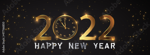 Happy new 2022 year Elegant gold text with fireworks, clock and light. Minimalistic text template.