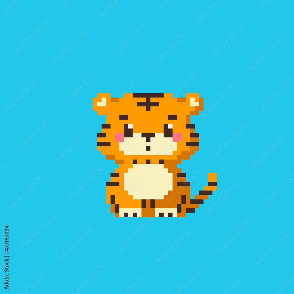 Pixel Art Year Of Tiger Icon Vector Bit Style Illustration Of Pixel