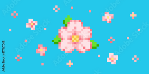 Pixel art plum flowers icon set. Vector 8 bit style illustration of pixel sakura blossom. Isolated spring cute decorative element of retro video game computer graphic.