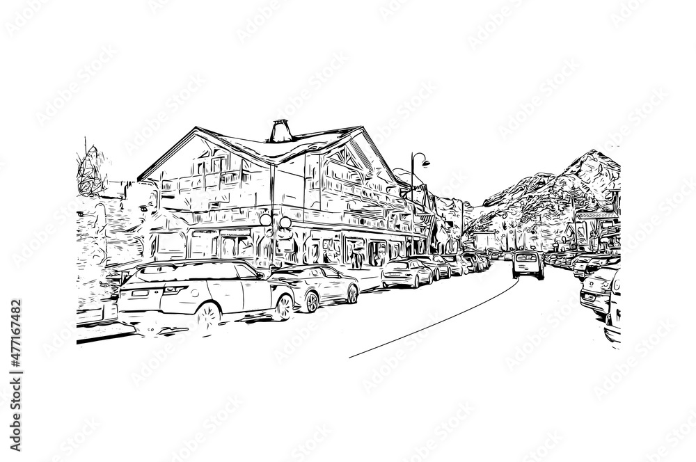 Building view with landmark of Les Deux Alpes is a ski resort in the France. Hand drawn sketch illustration in vector.