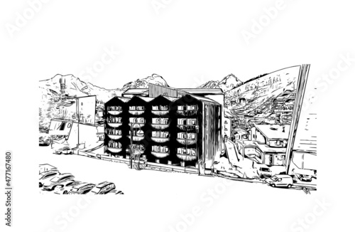 Building view with landmark of Les Deux Alpes is a ski resort in the France. Hand drawn sketch illustration in vector.