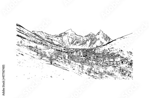 Building view with landmark of Les Deux Alpes is a ski resort in the France. Hand drawn sketch illustration in vector.