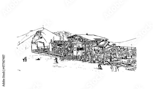 Building view with landmark of Les Deux Alpes is a ski resort in the France. Hand drawn sketch illustration in vector.