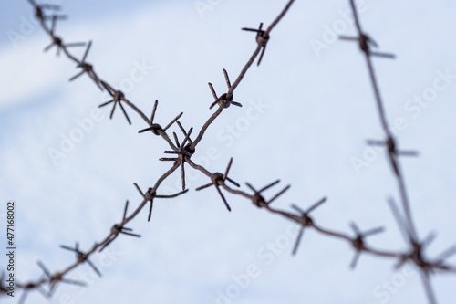 Old barbed wire on a background of snow. Barbed wire closeup. Shallow depth of field. Siberia, Russia.