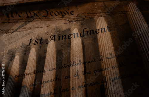 First Amendment text of the United States Constitution and US Supreme Court photo