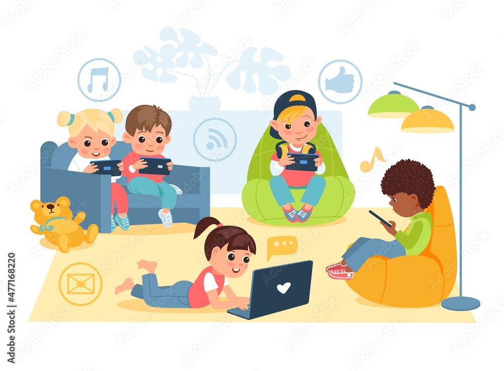 Kids surf internet. Children sitting in room and hold gadgets in hands, boys and girls with smartphones and laptops, live communication problem, social media vector cartoon isolated concept Kids surf internet. Children sitting in room and hold gadgets in hands, boys and girls with smartphones and laptops, live communication problem, social media vector cartoon isolated concept