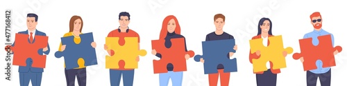 People hold puzzle. Office employees group, front view team with big color puzzle pieces in hands, men and woman teamwork, partnership and business collaboration vector isolated set