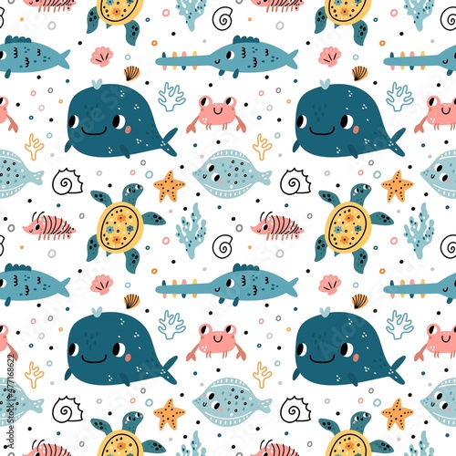 Seamless pattern cute underwater life. Funny cartoon ocean characters, marine world creations, aquatic animals, fishes and seaweed, whale and turtle on white background. Vector print
