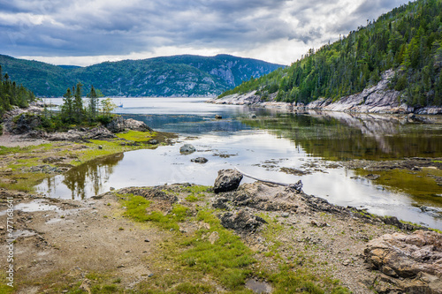View on Anse    la Barque at low tide  a cove of the Saguenay fjord located near Tadoussac  in Cote Nord region of Quebec  Canada