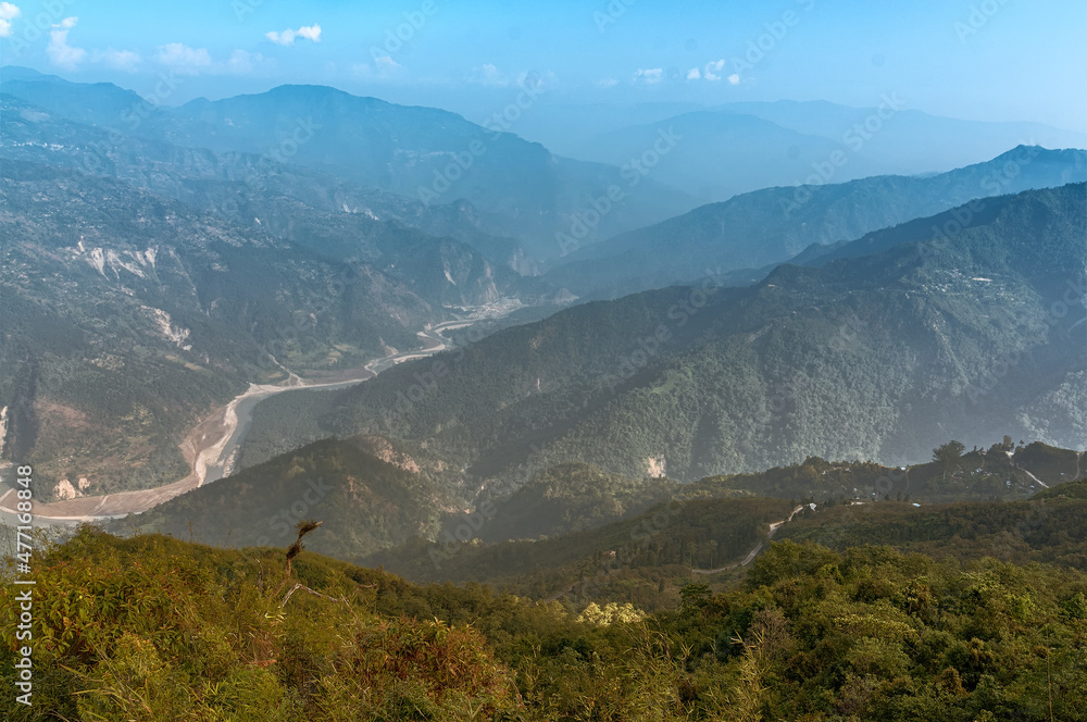 Hill top Ramitey view point - Sikkim, India. From this view point, twists and turns of river Tista or Teesta can be seen below, River Tista flows through sikkim state.