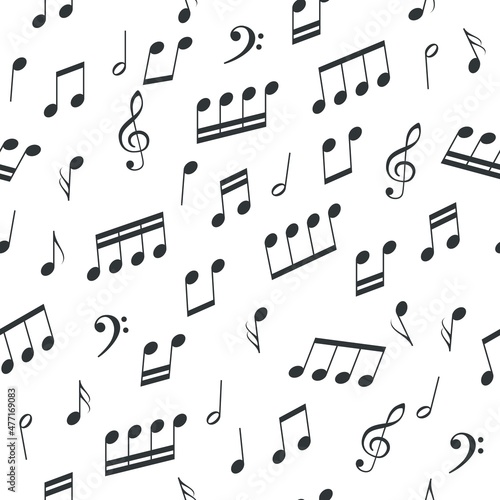 Seamless pattern black notes silhouettes. Musical graphic elements, melody signs and symbols on white background, classical sound writing art. Decor textile, vector print