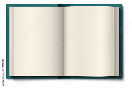 Two page spread mockup. Realistic open book top view