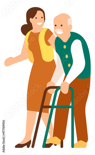 Young woman helping old man with walking aid. Volunteer supporting senior