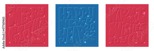 Merry Christmas and Happy new year lettering bold letters composition phrases in square shape. Vector illustration for greeting card, poster, invitation, banner, window dressing.