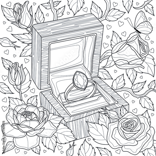 Engagement ring and roses.Coloring book antistress for children and adults. Illustration isolated on white background. Zen-tangle style. Hand draw