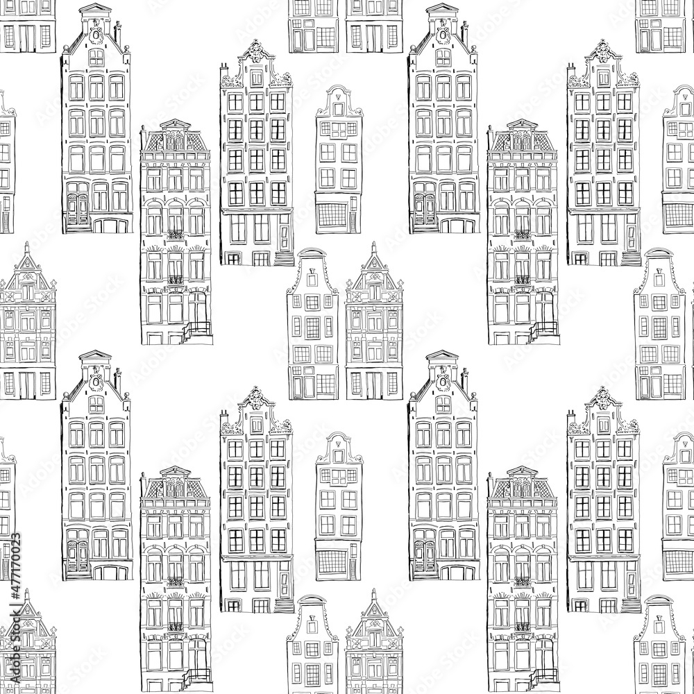 Seamless pattern of gingerbread houses in Amsterdam drawn in a graphic editor black on white background. For poster, stickers, sketchbook cover, print, your design.