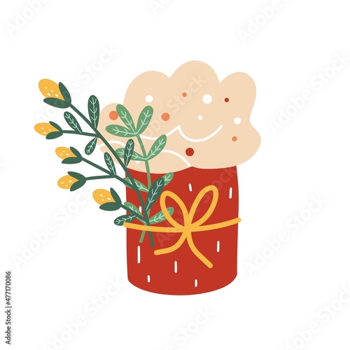 Easter illustration with cake and with a pussy willow isolated on white background. Vector illustration.