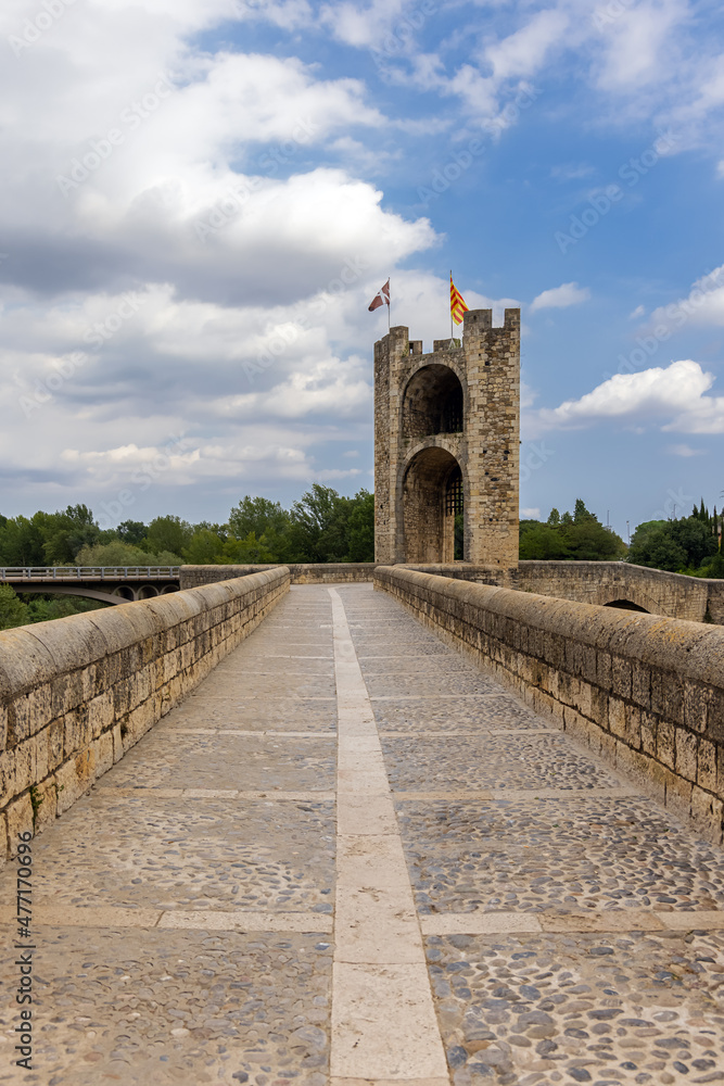 Besalu, Spain, ancient Roman bridge over the river, entrance tower