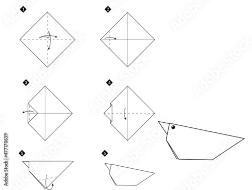 Step by step instructions how to make origami bird. Simple monochrome black line DIY tutorial isolated on white.