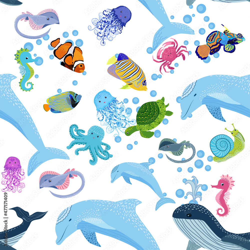 Marine life, fish, animals bright seamless pattern. sea travel, underwater diving animal tropical fish. Jellyfish, whale, shark, seahorse, clown fish, dolphin, turtle, emperor Marine life, fish, animals bright seamless pattern. sea travel, underwater diving animal tropical fish. Jellyfish, whale, shark, seahorse, clown fish, dolphin, turtle, emperor
