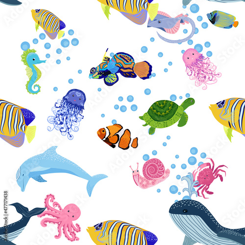 Marine life, fish, animals bright seamless pattern. sea travel, underwater diving animal tropical fish. Jellyfish, whale, shark, seahorse, clown fish, dolphin, turtle, emperor