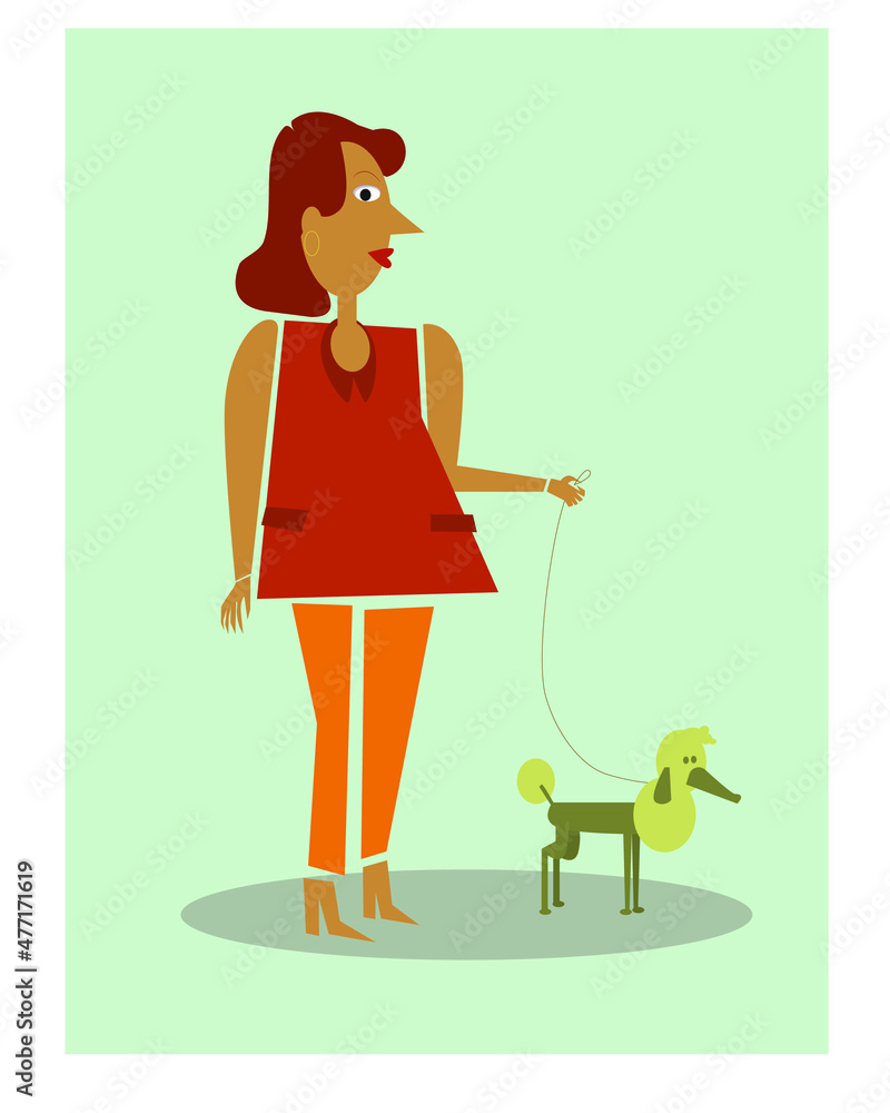 Illustration of a Young Girl Walking Her Poodle Dog, Fashionable Illustration of a Young Girl Walking Her Poodle Dog, Fashionable