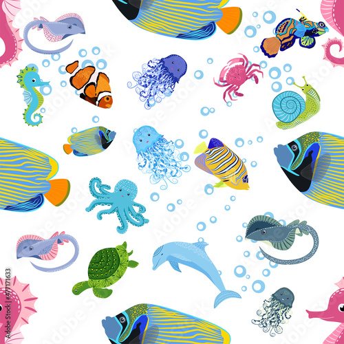 Marine life, fish, animals bright seamless pattern. sea travel, underwater diving animal tropical fish. Jellyfish, whale, shark, seahorse, clown fish, dolphin, turtle, emperor