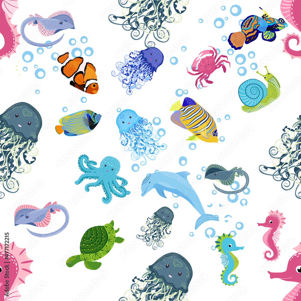 Obraz premium Marine life, fish, animals bright seamless pattern. sea travel, underwater diving animal tropical fish. Jellyfish, whale, shark, seahorse, clown fish, dolphin, turtle, emperor