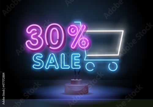Vector realistic isolated neon sign of Neon Sale Discount 30 Percent logo for template decoration on the wall background. Concept of Black Friday and winter holidays.